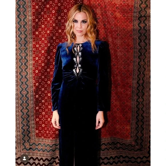Saloni Jinx C Navy Blue Velvet Crystal Embellished Midi Dress Long Sleeve Slit - Picture 1 of 11